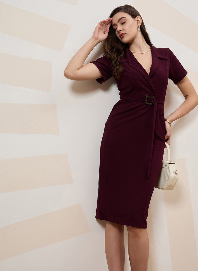 Athena Burgundy Scuba Formal Wrap Belted Dress for Women - Image 1