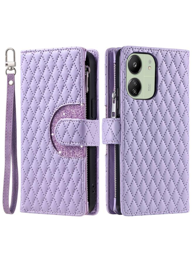 Case For Xiaomi Poco C65 Glitter Lattice Zipper Wallet Leather Phone Case