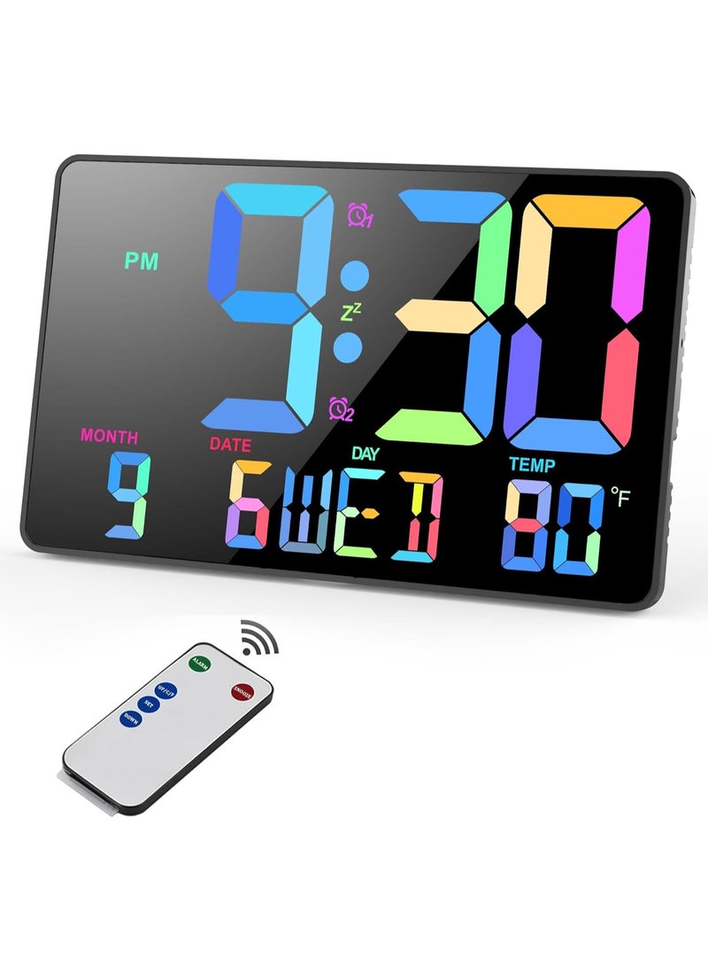 Digital Wall Clock, 10.98" LED Digital Alarm Clock Large Display with Temperature, Auto Dimmable, Calendar, Remote Control, Plug in Desk Clocks for Heavy Sleepers Bedrooms Office Decor