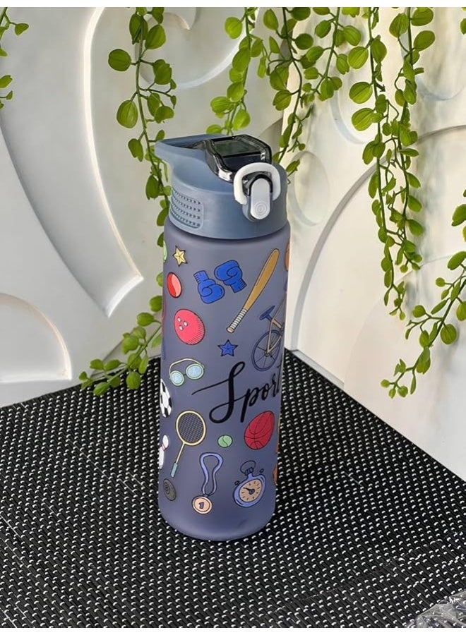 Large Anti-Spill Water Bottle with Transparent Animal Print and Gravity Straw, Hygienic and Lightweight Acrylic, 800ml (Grey), Plastic - Image 1