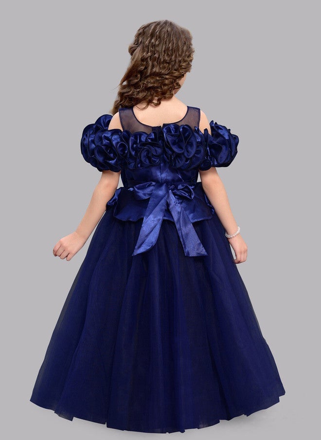 PinkChick Navy Blue Off-Shoulder Ruffled Maxi Gown for Girls - Image 5