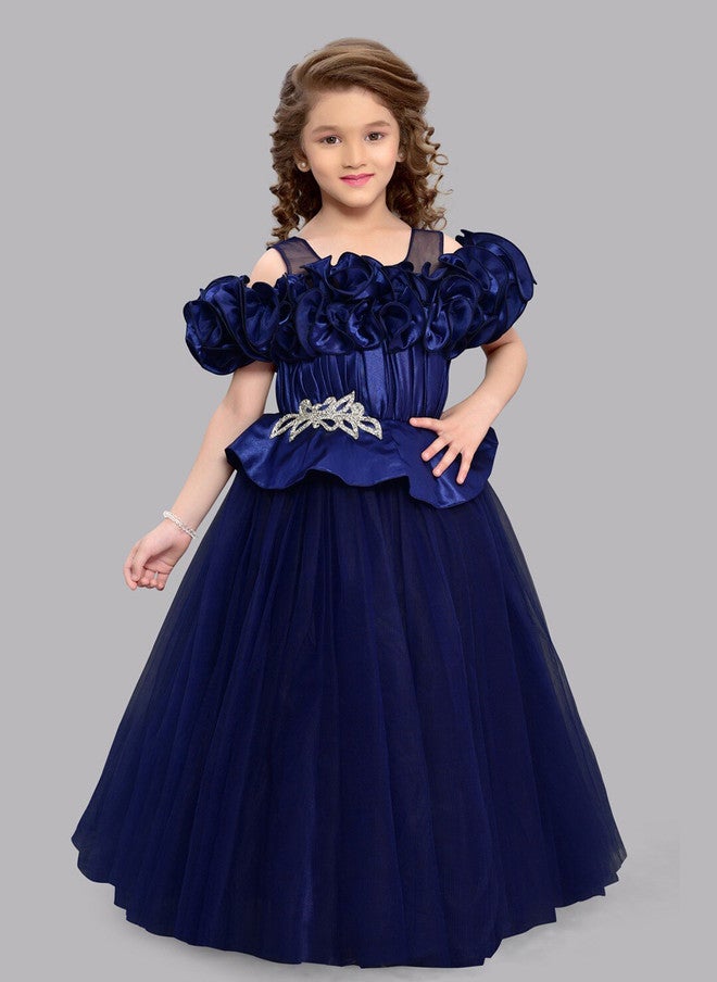 PinkChick Navy Blue Off-Shoulder Ruffled Maxi Gown for Girls - Image 1