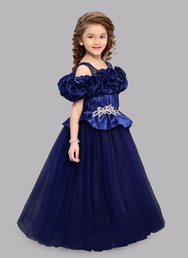 PinkChick Navy Blue Off-Shoulder Ruffled Maxi Gown for Girls - Image 3
