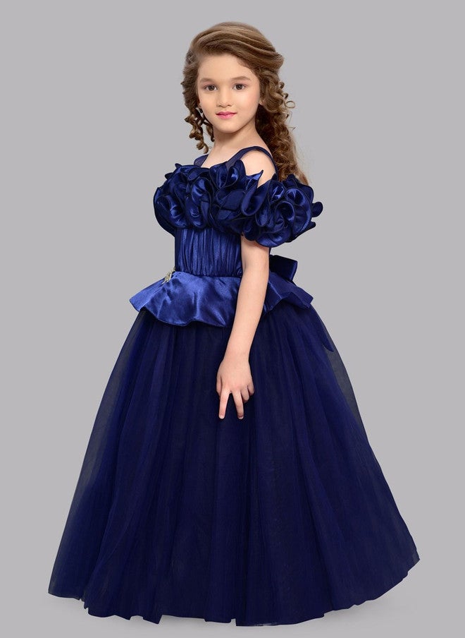 PinkChick Navy Blue Off-Shoulder Ruffled Maxi Gown for Girls - Image 4