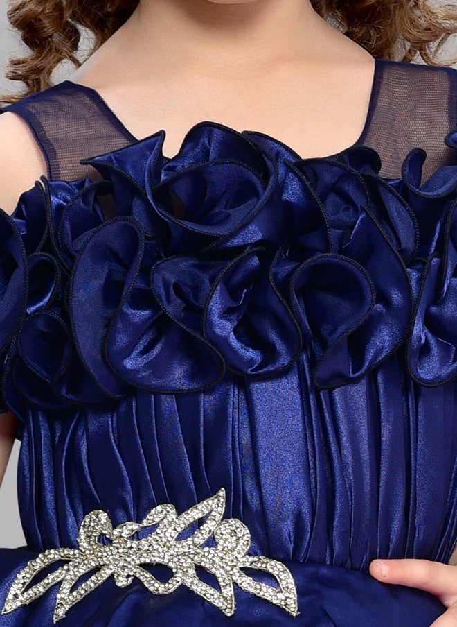 PinkChick Navy Blue Off-Shoulder Ruffled Maxi Gown for Girls - Image 2