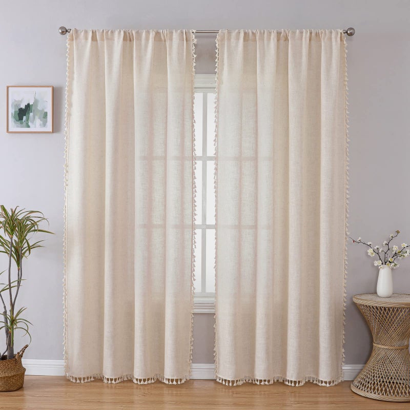 Joydeco Linen Boho Curtains 72 Inches Long 2 Panels  Super Soft Bohemian Farmhouse Curtains with Tassels  Semi Sheer Light Filtering Drapes for Bedroom Living Room (Rod Pocket  52Wx72L) - Image 1