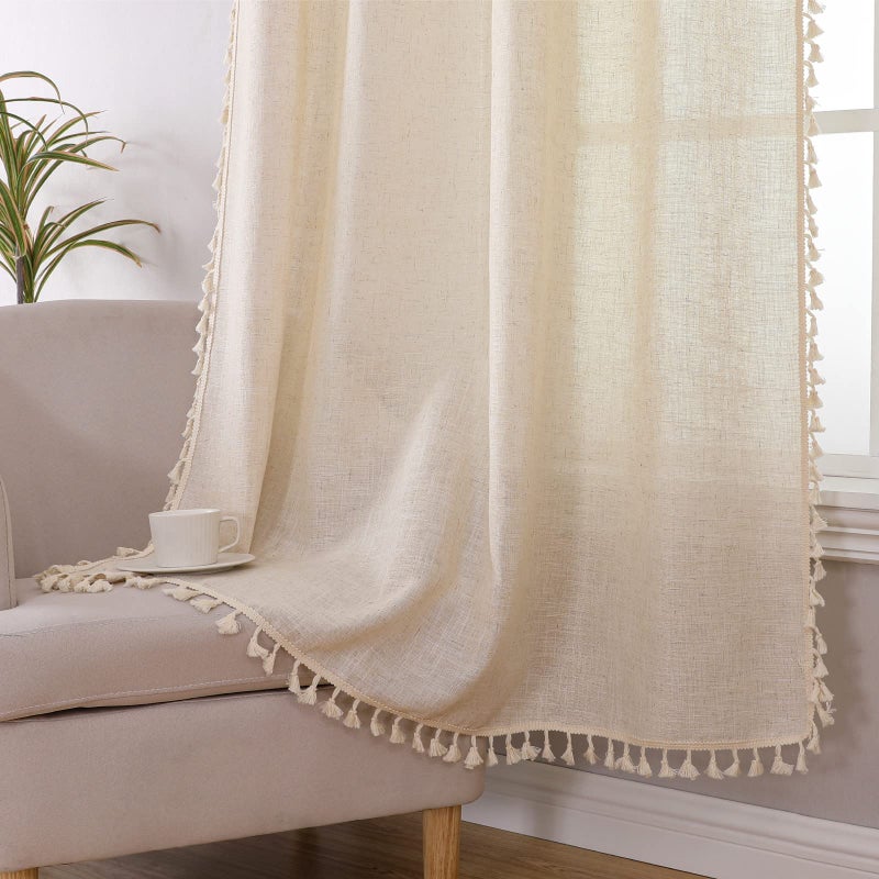 Joydeco Linen Boho Curtains 72 Inches Long 2 Panels  Super Soft Bohemian Farmhouse Curtains with Tassels  Semi Sheer Light Filtering Drapes for Bedroom Living Room (Rod Pocket  52Wx72L) - Image 2