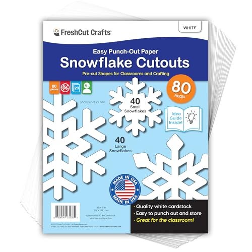 FreshCut Crafts 80 Pieces Snowflake Paper Cutouts with IDEA Guide, 2-Sided US Made Card Stock Punch Out White Snowflakes for Bulletin Boards, Classroom Decor - Small and Large Snowflake Decorations Winter Cutouts - Image 1