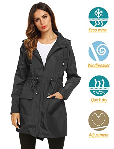 LOMON Womens Lightweight Waterproof Rain Jacket Active Outdoor Hooded Raincoat with Drawstring Belt Black M - Image 2