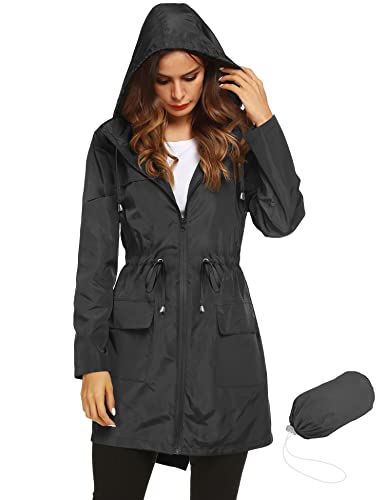 LOMON Womens Lightweight Waterproof Rain Jacket Active Outdoor Hooded Raincoat with Drawstring Belt Black M - Image 1
