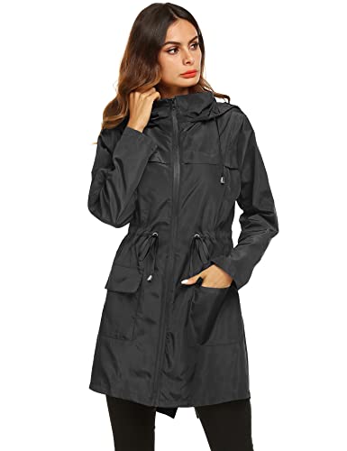 LOMON Womens Lightweight Waterproof Rain Jacket Active Outdoor Hooded Raincoat with Drawstring Belt Black M - Image 3