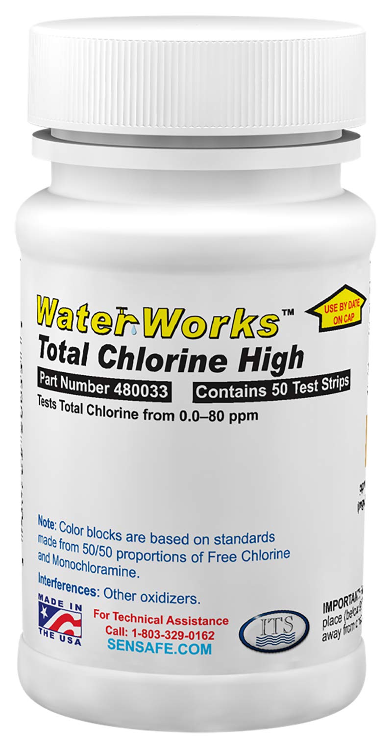 Industrial Test Systems WaterWorks 480033 Total Chlorine Test Strip, High Range Range, 33 Seconds Test Time, 0-80ppm Range (Bottle of 50 test strips) - Image 1