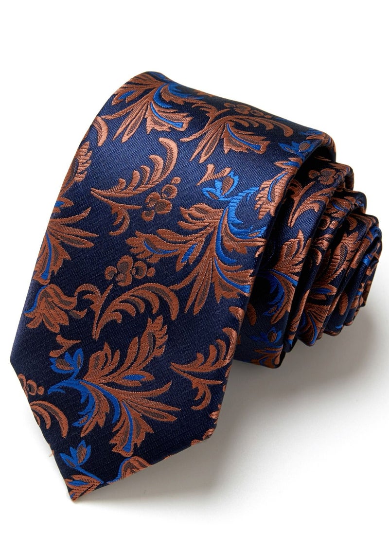 Loquat Polyester Necktie Leaf Pattern On Blue Background 