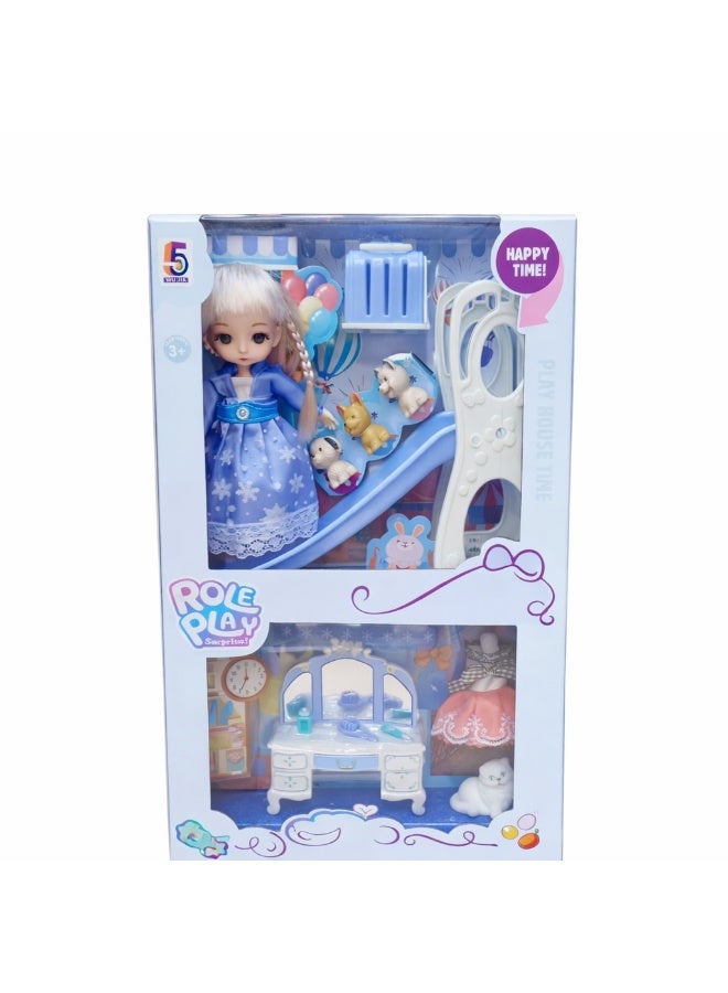 Simulation Princess Girl Frozen-Themed Doll House Playset with Furniture and Accessories, Blue