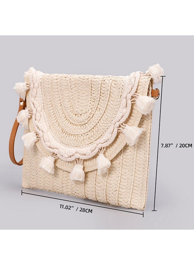 QTKJ Crossbody Bags for Women, Straw Clutch Purses, Simple white tassel Handmade Woven Envelope Package, Tassel Handbags for Women Vacation, Travel, Daily Matching - Image 1