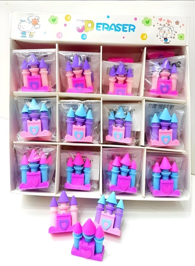 Radiance™ 12 Pcs Castle Shape Erasers for Kids | Fancy Pencil Erasers for Girls | Cute Stationery Set | Ideal for Birthday Return Gifts & School Supplies (Random Designs & Colors) - Image 1