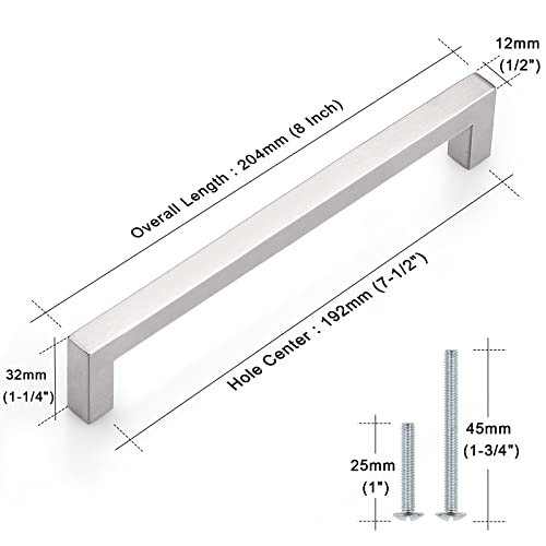 Probrico 30 Pack Satin Nickel Square Bar Cabinet Pulls Drawer Dresser Handles Stainless Steel Modern Door Hardware for Kitchen and Bathroom Cabinets Cupboard,Hole Center 7-9/16 inch(192mm) - Image 4
