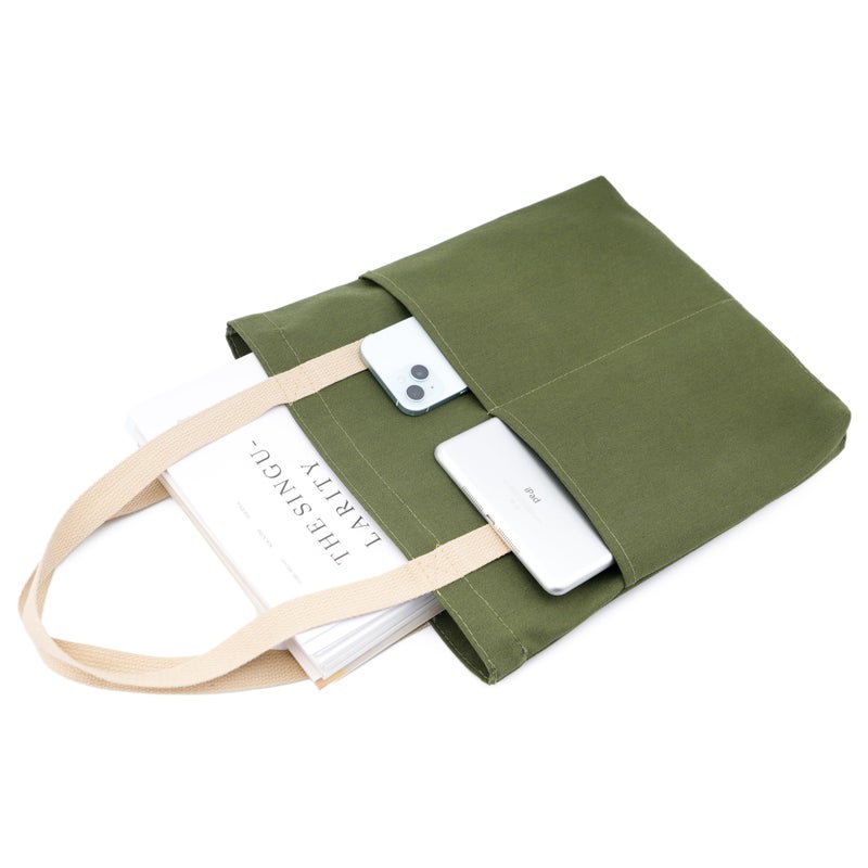 REDSINDA Canvas Aesthetic Tote Bag with Zipper and Pockets Grocery Shopping Bag Small Simple Work Tote Bag for Women Men (Green) - Image 3
