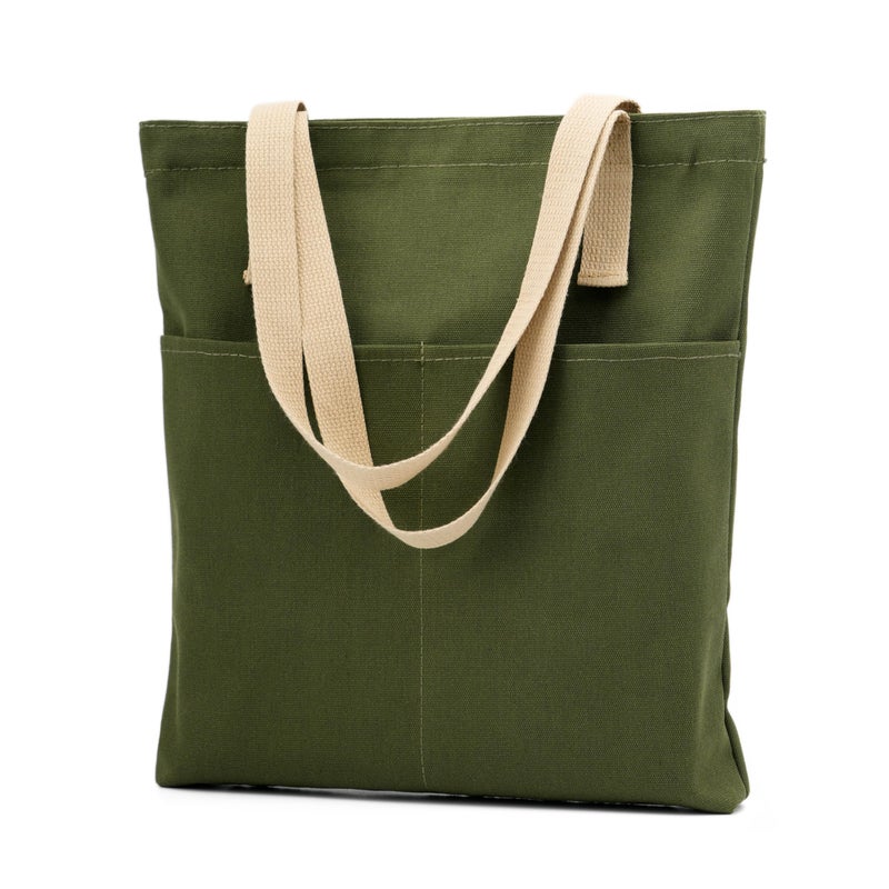 REDSINDA Canvas Aesthetic Tote Bag with Zipper and Pockets Grocery Shopping Bag Small Simple Work Tote Bag for Women Men (Green) - Image 1