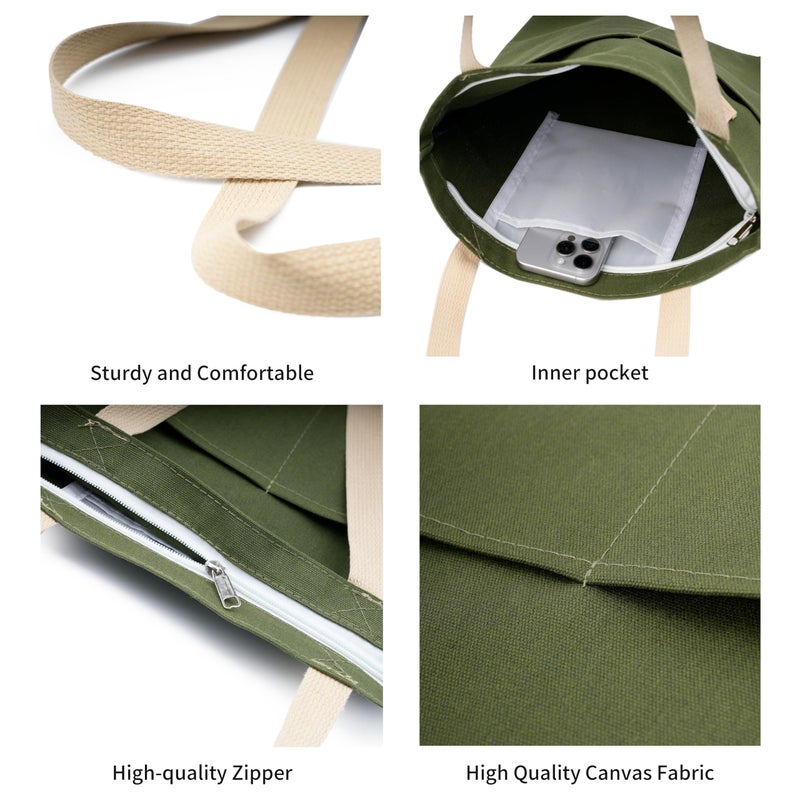 REDSINDA Canvas Aesthetic Tote Bag with Zipper and Pockets Grocery Shopping Bag Small Simple Work Tote Bag for Women Men (Green) - Image 4