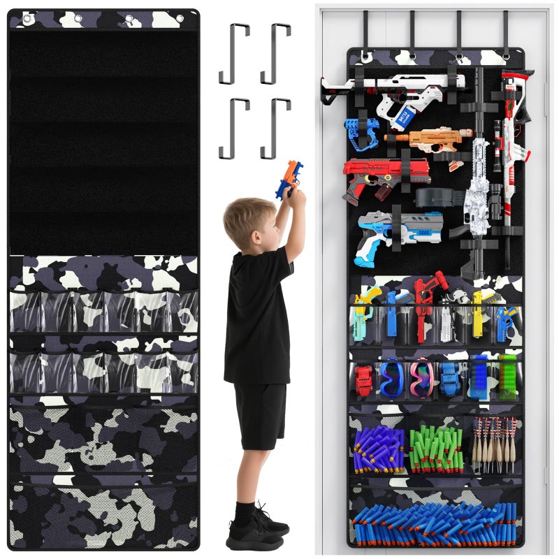 Mefirt Over the Door Organizer for Toy Guns, Hanging Toy Guns Storage Organizer with Pockets and Slots for Kids Foam Blasters, Darts, Goggles, Toys Storage Door Hanger for Kids Rooms, Game Rooms, Camouflage - Image 1