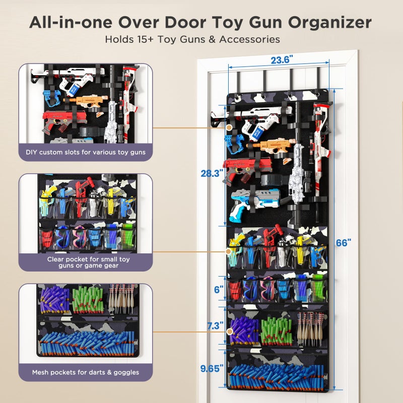 Mefirt Over the Door Organizer for Toy Guns, Hanging Toy Guns Storage Organizer with Pockets and Slots for Kids Foam Blasters, Darts, Goggles, Toys Storage Door Hanger for Kids Rooms, Game Rooms, Camouflage - Image 4