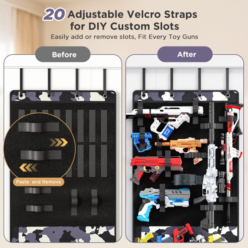 Mefirt Over the Door Organizer for Toy Guns, Hanging Toy Guns Storage Organizer with Pockets and Slots for Kids Foam Blasters, Darts, Goggles, Toys Storage Door Hanger for Kids Rooms, Game Rooms, Camouflage - Image 3