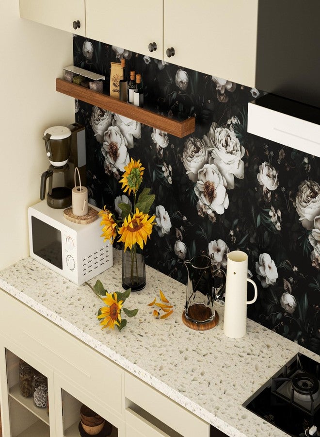 Laatse Dark Floral Wallpapr Peel and Stick Boho Wallpaper 17.5in x 118in Black Floral Contact Paper Waterproof Self Adhesive Vintage Large Floral Wall Paper for Bedroom Walls Cabinet Decor - Image 2