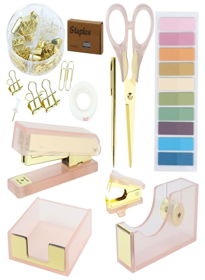 MultiBey Pink Gold Acrylic Sticky Notes Holder Stapler and Tape Dispenser Cutter with Sticky Notes, 950 Staples & Tape, Staple Remover, Scissor, Ballpoint Pen, Paper Clips Set for Women Office Home - Image 1