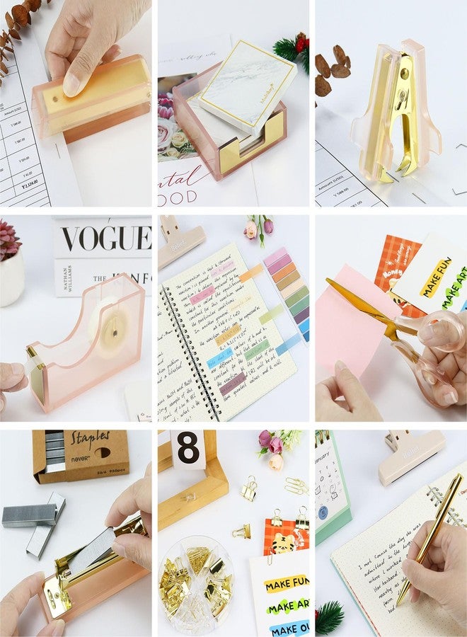 MultiBey Pink Gold Acrylic Sticky Notes Holder Stapler and Tape Dispenser Cutter with Sticky Notes, 950 Staples & Tape, Staple Remover, Scissor, Ballpoint Pen, Paper Clips Set for Women Office Home - Image 2