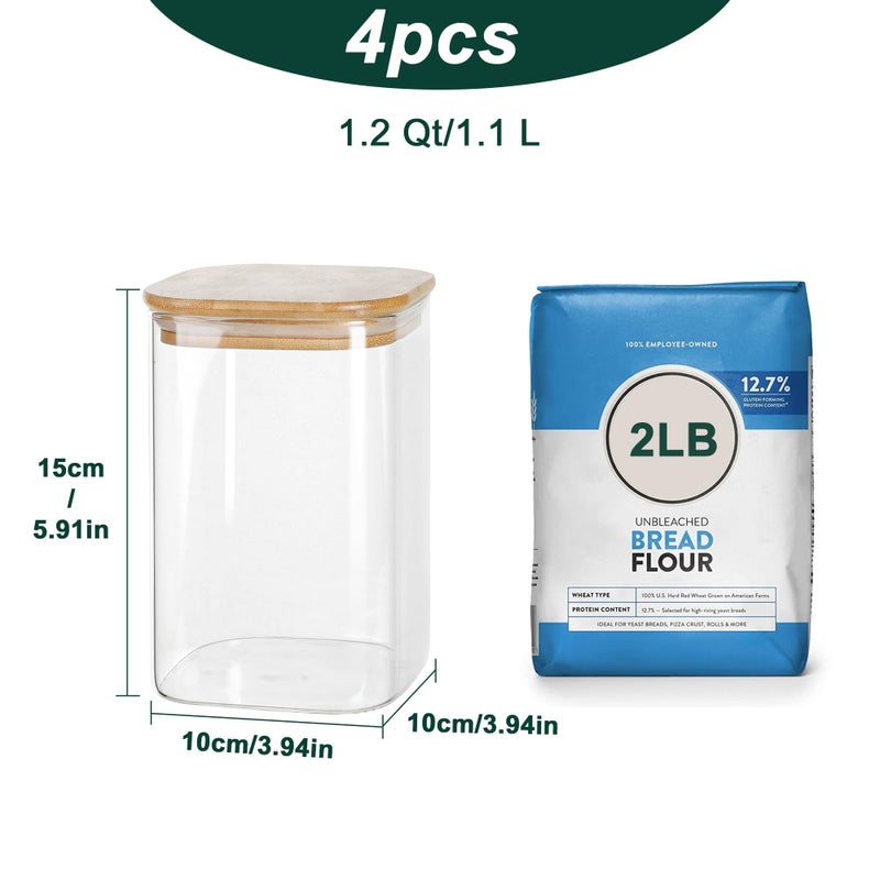 LIBWYS 4-Pack Glass Pantry Storage Containers with Bamboo Lids1.22Qt - Stackable Square Food Jars for Pantry Organization, Coffee, Flour, Snacks, Tea | Kitchen Canisters Set - Image 3