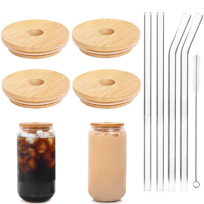 BAMBOO LIDS FOR CAN SHAPED GLASS MASON JAR LIDS WITH STRAW HOLE 4 REUSABLE BAMBOO DRINKING LID FOR REGULAR MOUTH MASON JAR WITH 4 REUSABLE GLASS STRAW FOR COFFEE CUP