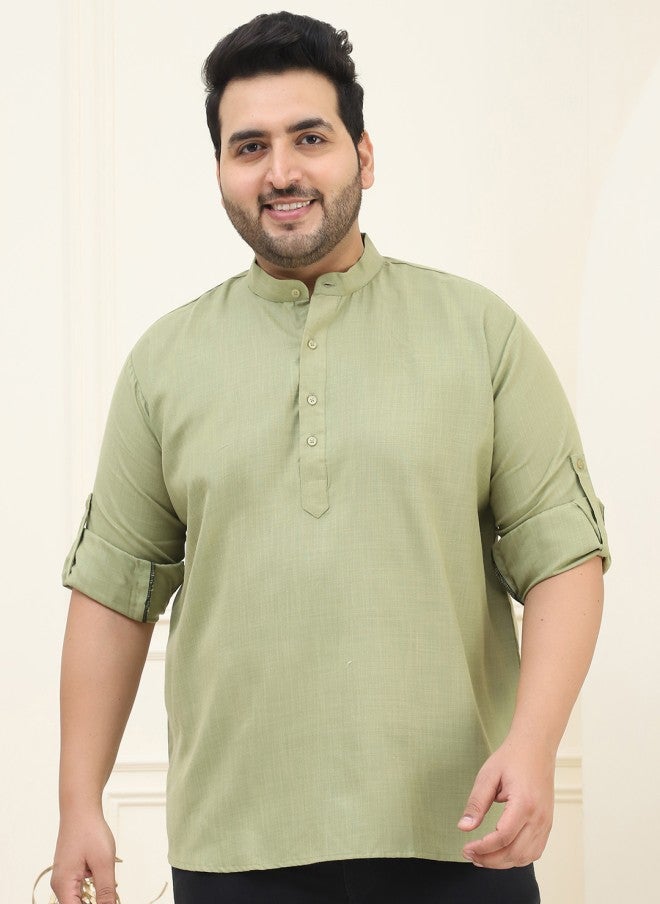 Sojanya قميص كورتا قطن أخضر للرجال بمقاسات كبيرة - Image 2