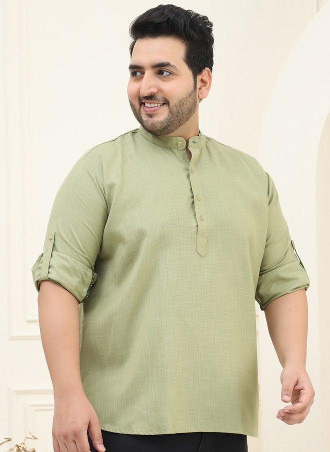 Sojanya قميص كورتا قطن أخضر للرجال بمقاسات كبيرة - Image 4