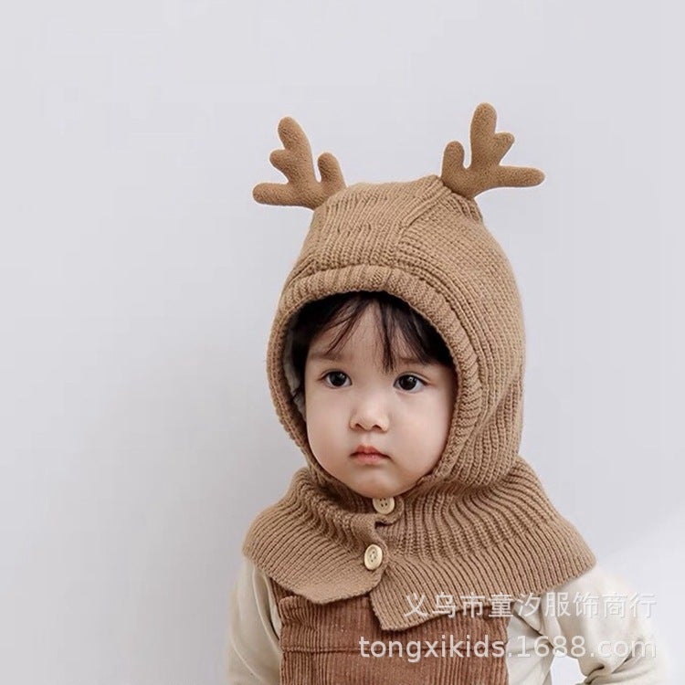 Children'S Hat Scarf All-In-One Hat Winter Girl'S Wool Hat Baby'S Ear Protection Hat Boy'S Pullover Hat Christmas Antlers - Image 2