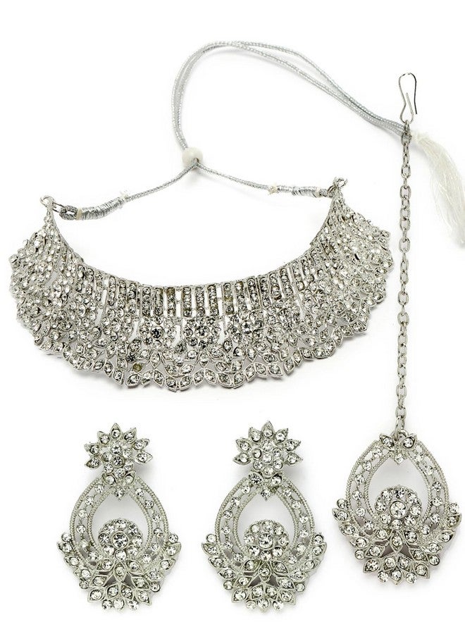 Sukkhi سلسلة قلادة شكرى الفريدة من نوعها المطلية بالروديوم مع أقراط وماانتيكا | مجموعة مجوهرات للنساء (NS105606) - Image 1