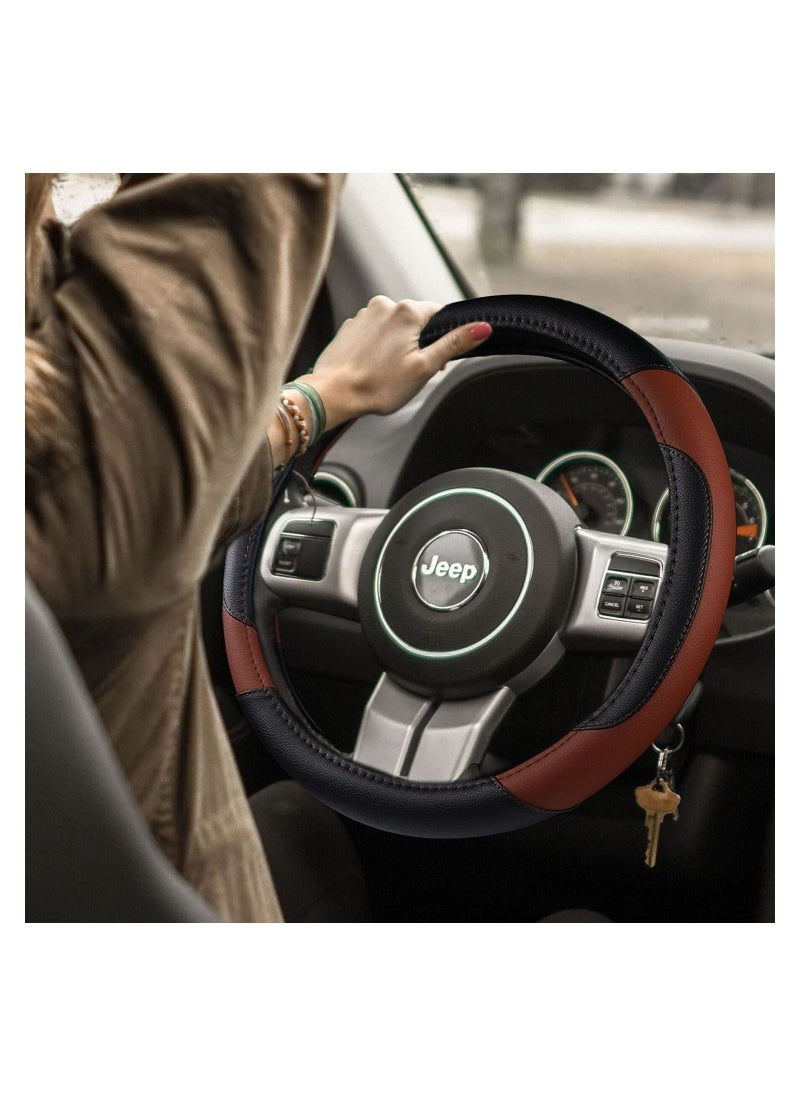 Car Steering Wheel Cover, Leather Non-Slip Car Wheel Cover Protector Breathable Microfiber Leather Universal Fit for Most Cars, for All Season, 15" Ergonomic Comfort Grip Cover - Image 2