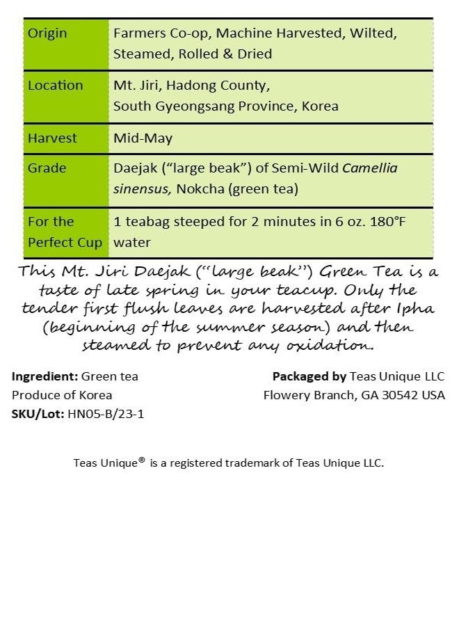 Teas Unique Korean Hadong Mt. Jiri First Flush Green Tea, 25 Tea Bags (50g) - Image 3