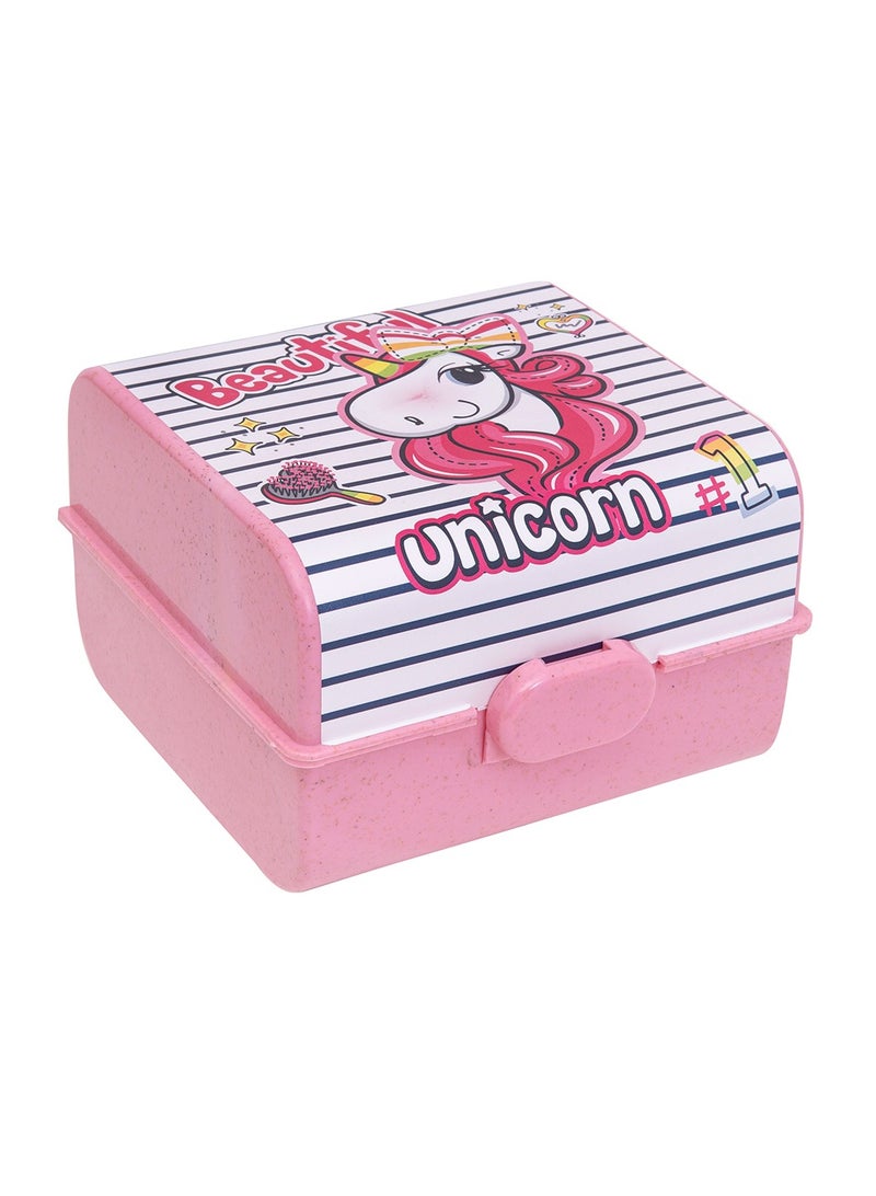HEREVIN صندوق غداء هيرفين بطباعة يونيكورن باللون الوردي للأطفال – حاوية طعام من بولي بروبيلين (PP) خالية من BPA مع غطاء قفل Snap - Image 1