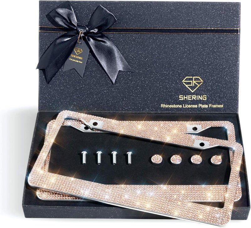 Shering Bling License Plate Frame, 2 Pack License Plate Frame with Premium Gift Box for Women,Rhinestone License Plate Frames with 1100pcs Rhinestones (Champagne Gold Rhinestones) - Image 1