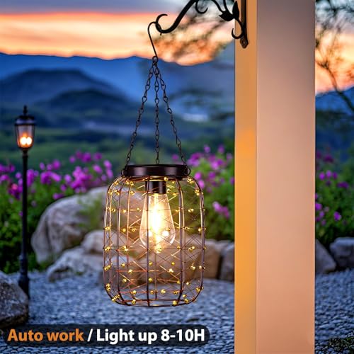 ALL FORTUNE Hanging Solar Lanterns Outdoor Waterproof, Vintage Copper Hanging Lantern Lights for Outside, Solar Chandelier Outdoor Idea for Yard Garden Pathway Gazebo Pergola Porch Decor, 2 Pack - Image 3