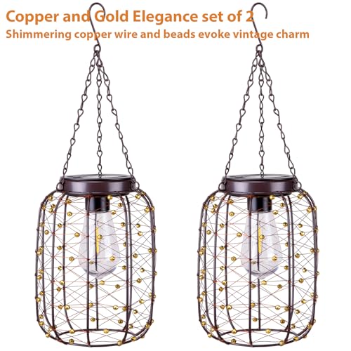 ALL FORTUNE Hanging Solar Lanterns Outdoor Waterproof, Vintage Copper Hanging Lantern Lights for Outside, Solar Chandelier Outdoor Idea for Yard Garden Pathway Gazebo Pergola Porch Decor, 2 Pack - Image 2