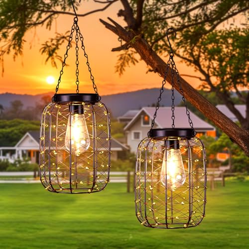 ALL FORTUNE Hanging Solar Lanterns Outdoor Waterproof, Vintage Copper Hanging Lantern Lights for Outside, Solar Chandelier Outdoor Idea for Yard Garden Pathway Gazebo Pergola Porch Decor, 2 Pack - Image 1