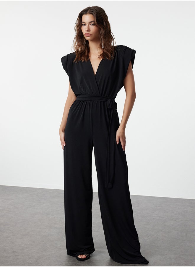 trendyol Black V Neck Belted Knitted Jumpsuit TPRSS23TU00029  - Image 1