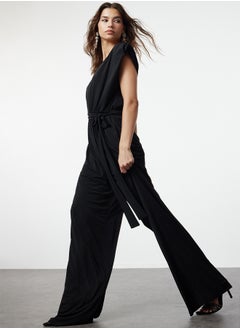 trendyol Black V Neck Belted Knitted Jumpsuit TPRSS23TU00029  - Image 2