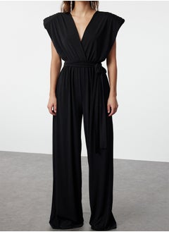 trendyol Black V Neck Belted Knitted Jumpsuit TPRSS23TU00029  - Image 4