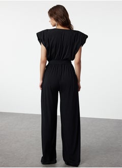 trendyol Black V Neck Belted Knitted Jumpsuit TPRSS23TU00029  - Image 5
