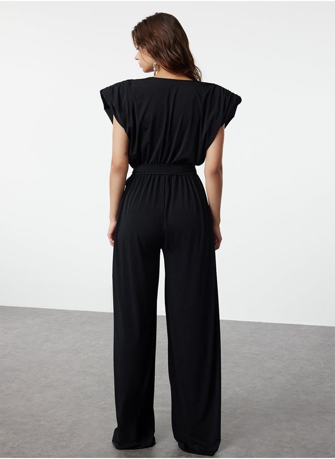 trendyol Black V Neck Belted Knitted Jumpsuit TPRSS23TU00029  - Image 5