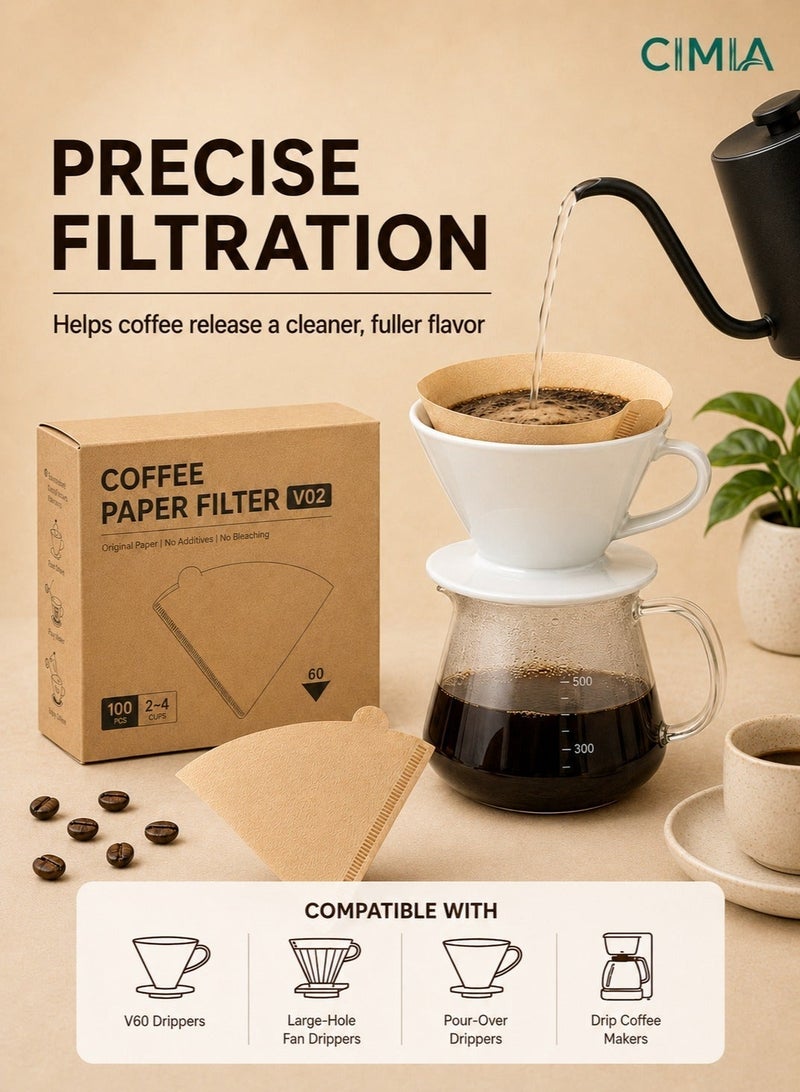 CIMIA 100pcs V60 coffee filters, suitable for pour-over coffee and drip coffee machines. Disposable filters with fine filtration, comes with a flip-top box. Perfect for home, office, or travel use. - Image 3