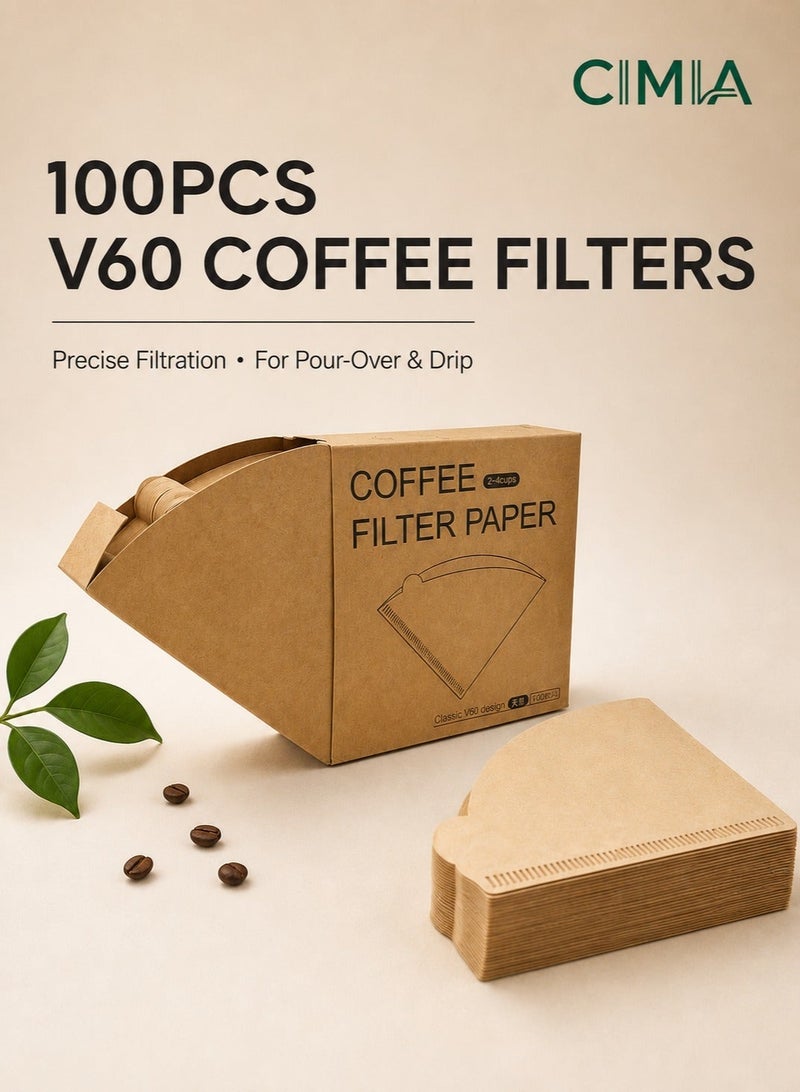 CIMIA 100pcs V60 coffee filters, suitable for pour-over coffee and drip coffee machines. Disposable filters with fine filtration, comes with a flip-top box. Perfect for home, office, or travel use. - Image 1